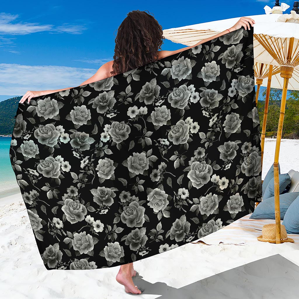Monochrome Rose Floral Pattern Print Beach Sarong Wrap