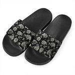 Monochrome Rose Floral Pattern Print Black Slide Sandals