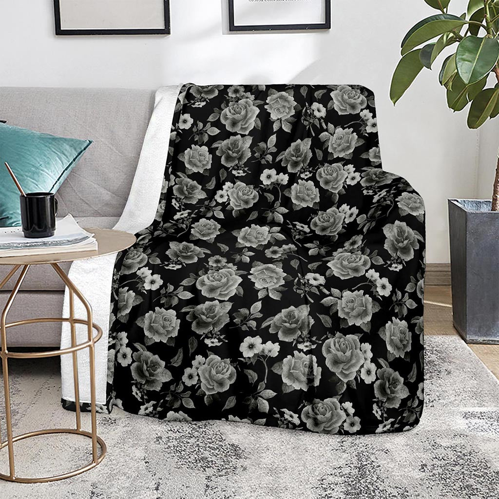 Monochrome Rose Floral Pattern Print Blanket