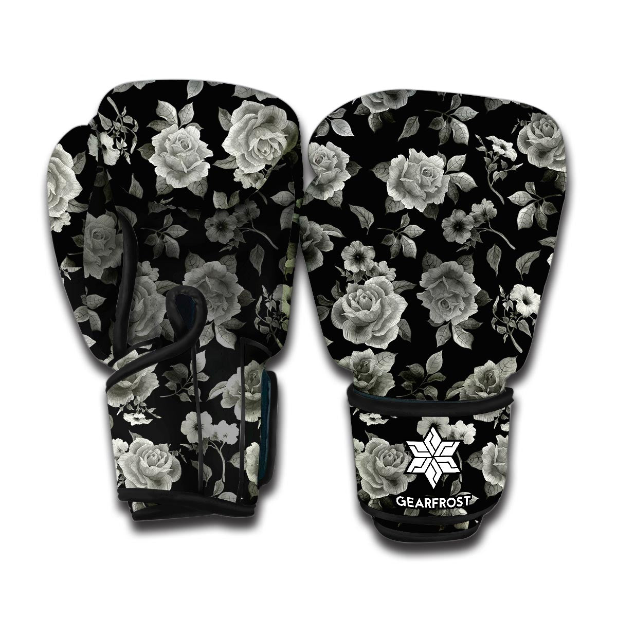Monochrome Rose Floral Pattern Print Boxing Gloves
