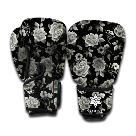 Monochrome Rose Floral Pattern Print Boxing Gloves