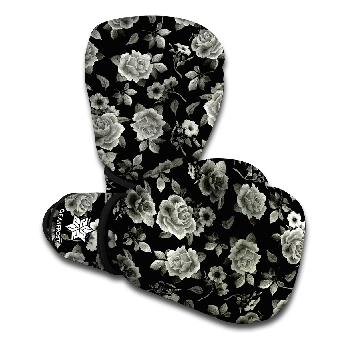 Monochrome Rose Floral Pattern Print Boxing Gloves