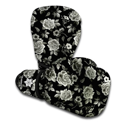 Monochrome Rose Floral Pattern Print Boxing Gloves