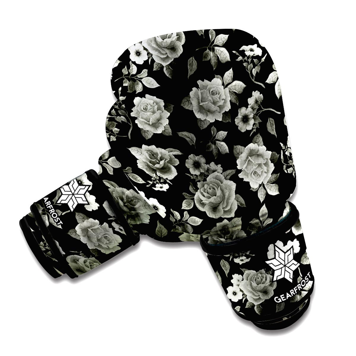 Monochrome Rose Floral Pattern Print Boxing Gloves