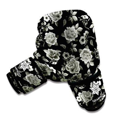 Monochrome Rose Floral Pattern Print Boxing Gloves