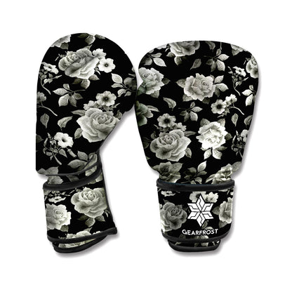 Monochrome Rose Floral Pattern Print Boxing Gloves