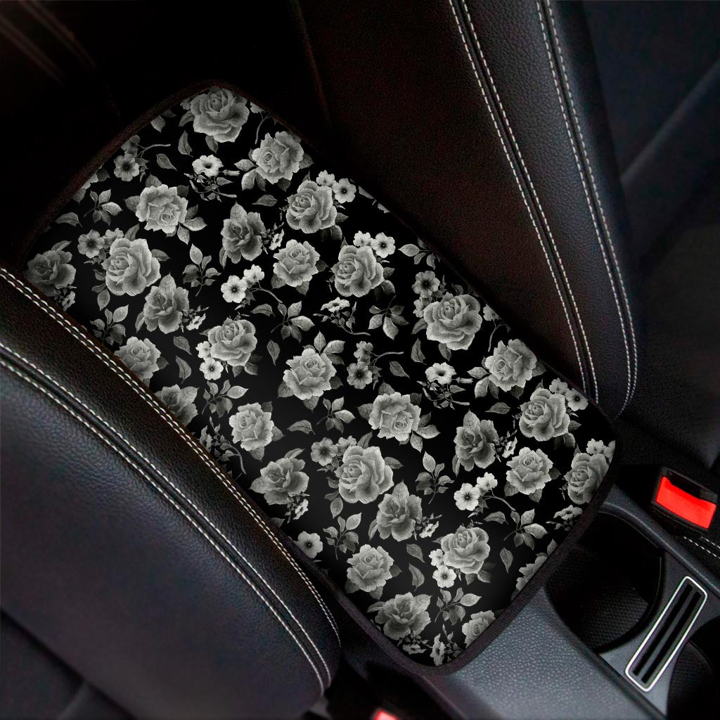 Monochrome Rose Floral Pattern Print Car Center Console Cover