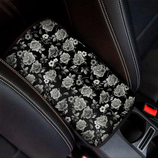 Monochrome Rose Floral Pattern Print Car Center Console Cover