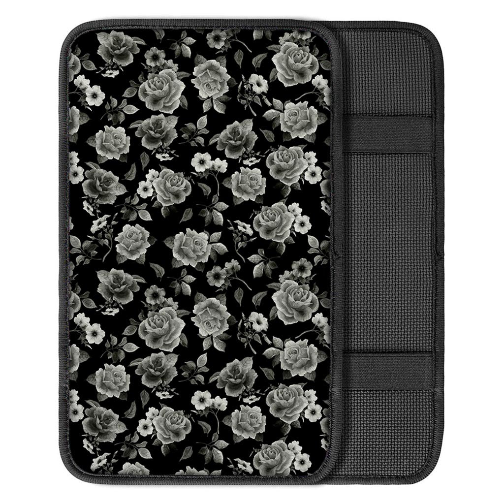 Monochrome Rose Floral Pattern Print Car Center Console Cover