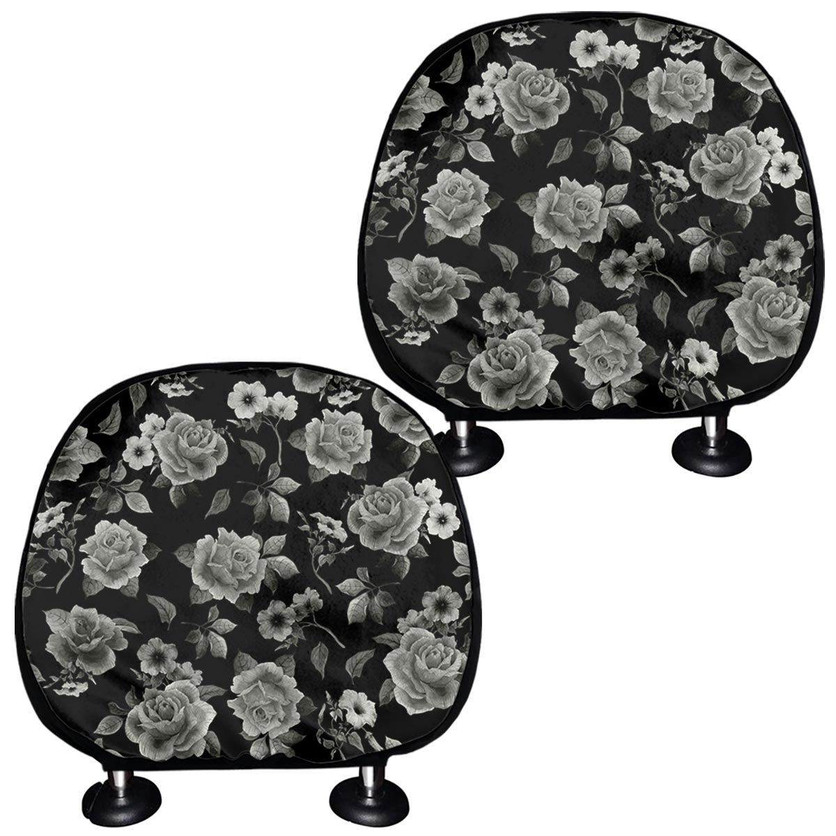 Monochrome Rose Floral Pattern Print Car Headrest Covers