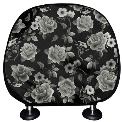 Monochrome Rose Floral Pattern Print Car Headrest Covers