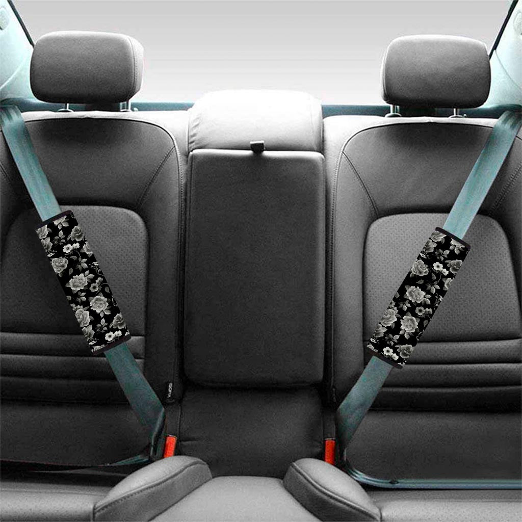 Monochrome Rose Floral Pattern Print Car Seat Belt Covers