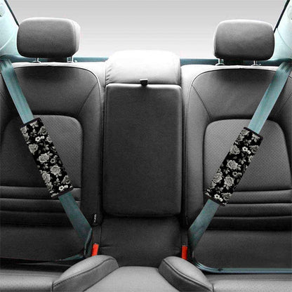 Monochrome Rose Floral Pattern Print Car Seat Belt Covers
