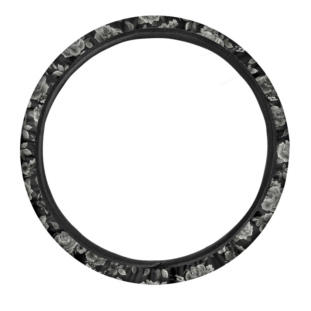 Monochrome Rose Floral Pattern Print Car Steering Wheel Cover