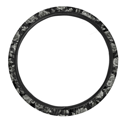 Monochrome Rose Floral Pattern Print Car Steering Wheel Cover