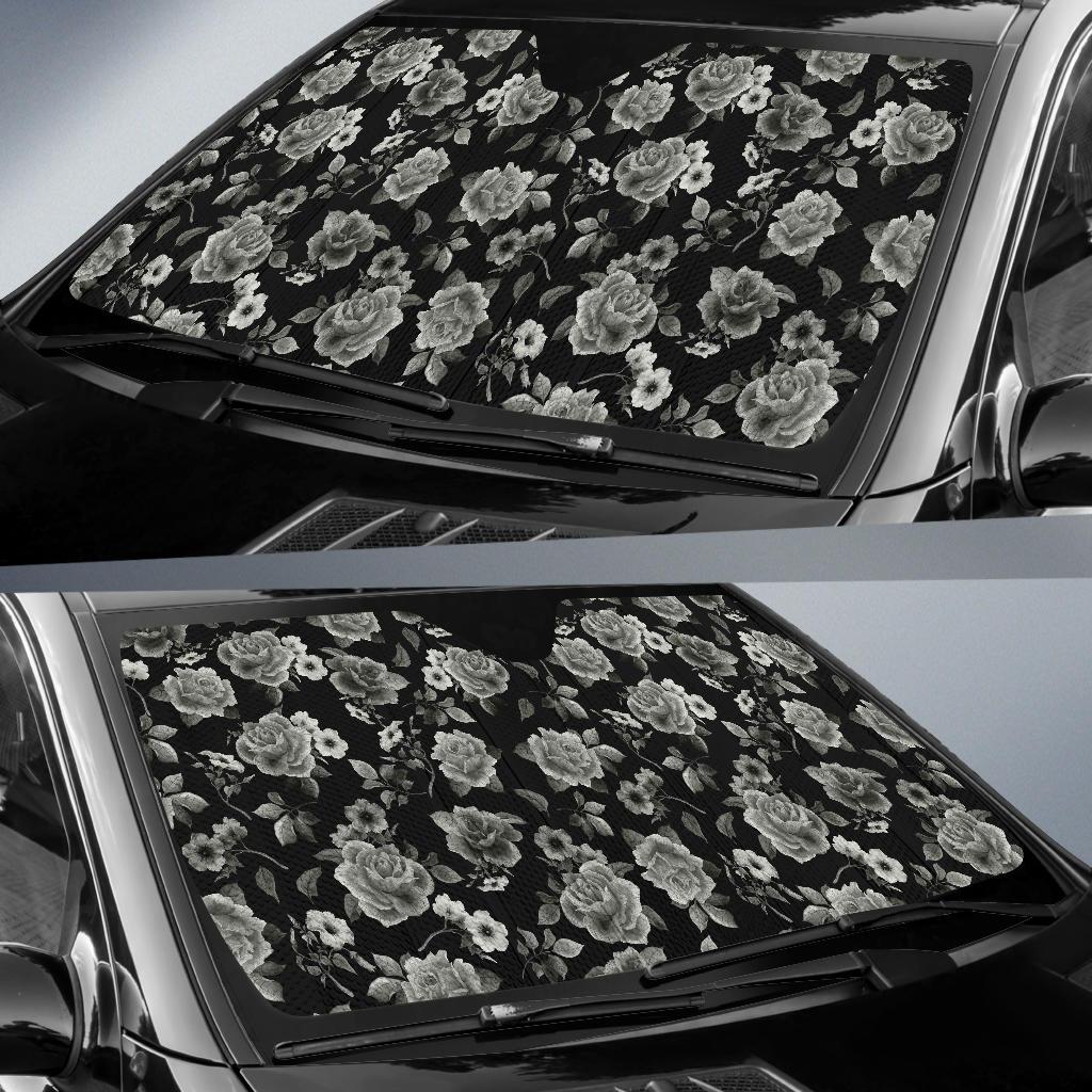 Monochrome Rose Floral Pattern Print Car Sun Shade GearFrost