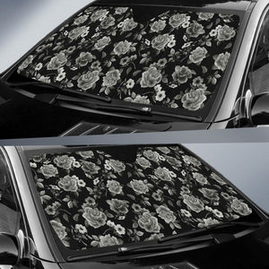Monochrome Rose Floral Pattern Print Car Sun Shade GearFrost