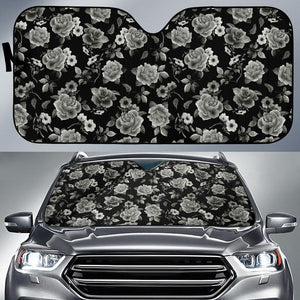 Monochrome Rose Floral Pattern Print Car Sun Shade GearFrost