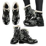 Monochrome Rose Floral Pattern Print Comfy Boots GearFrost
