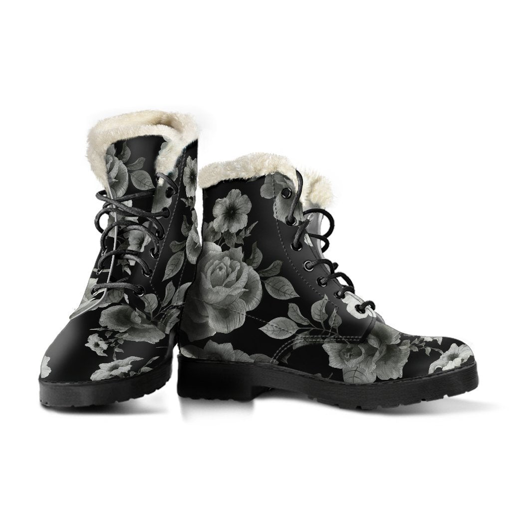 Monochrome Rose Floral Pattern Print Comfy Boots GearFrost