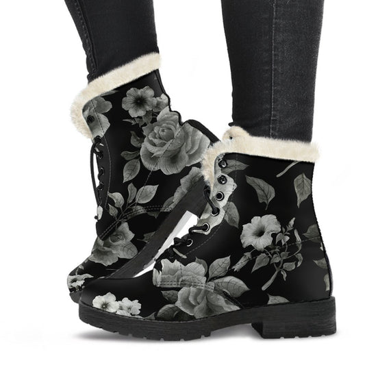 Monochrome Rose Floral Pattern Print Comfy Boots GearFrost