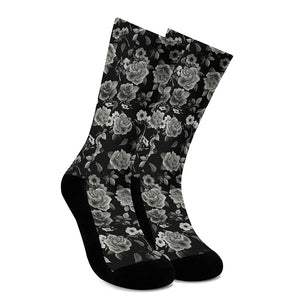 Monochrome Rose Floral Pattern Print Crew Socks