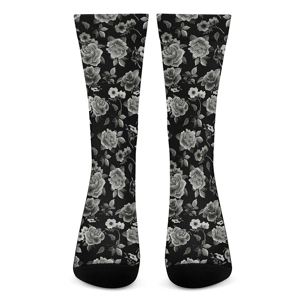 Monochrome Rose Floral Pattern Print Crew Socks