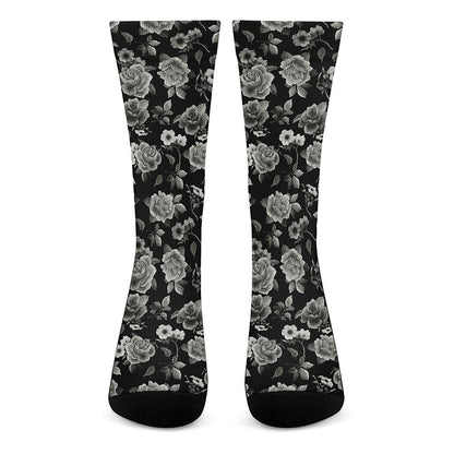Monochrome Rose Floral Pattern Print Crew Socks