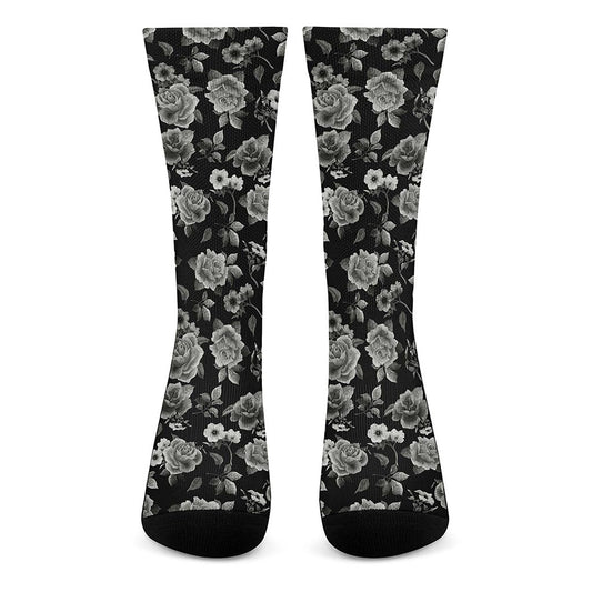 Monochrome Rose Floral Pattern Print Crew Socks