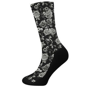 Monochrome Rose Floral Pattern Print Crew Socks