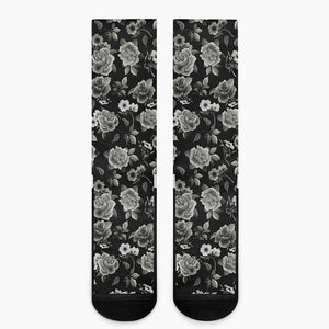 Monochrome Rose Floral Pattern Print Crew Socks