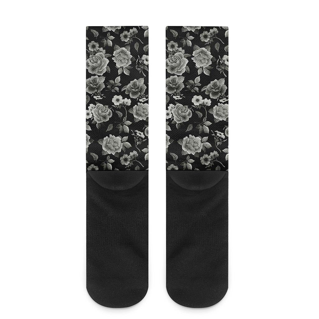 Monochrome Rose Floral Pattern Print Crew Socks