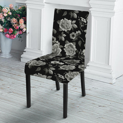 Monochrome Rose Floral Pattern Print Dining Chair Slipcover