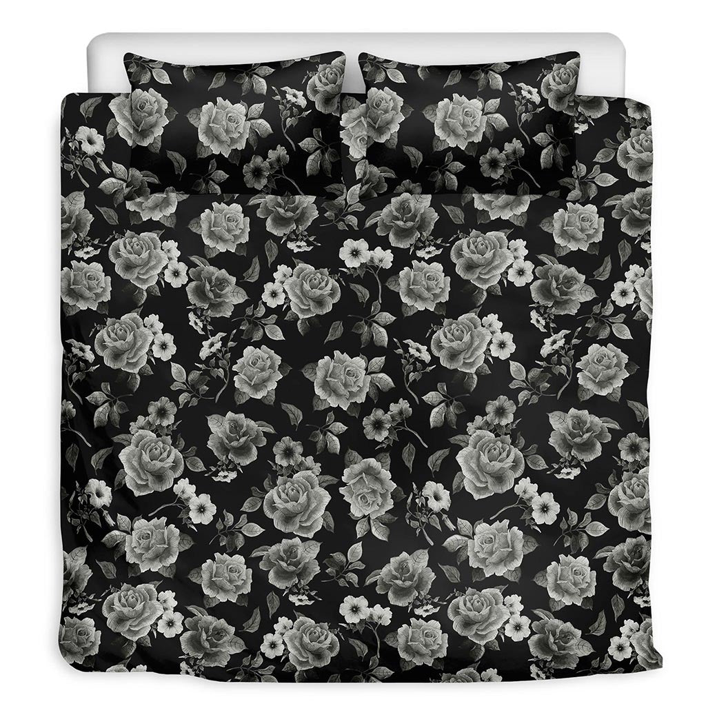 Monochrome Rose Floral Pattern Print Duvet Cover Bedding Set
