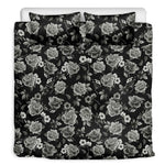 Monochrome Rose Floral Pattern Print Duvet Cover Bedding Set