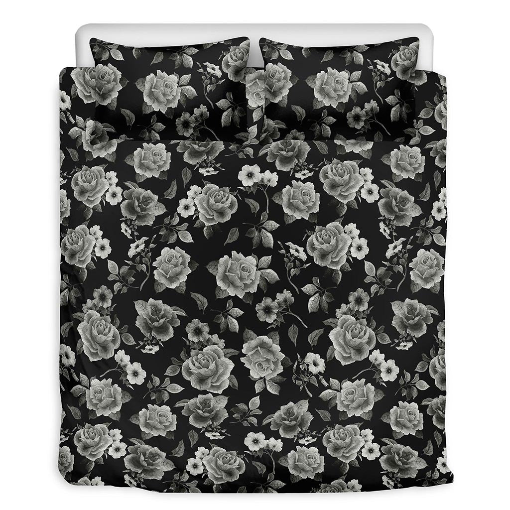 Monochrome Rose Floral Pattern Print Duvet Cover Bedding Set