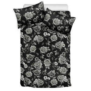 Monochrome Rose Floral Pattern Print Duvet Cover Bedding Set