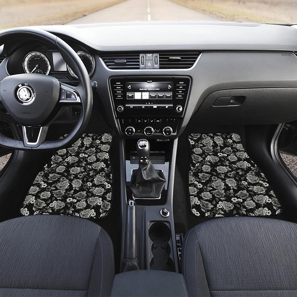 Monochrome Rose Floral Pattern Print Front and Back Car Floor Mats