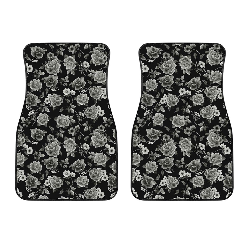 Monochrome Rose Floral Pattern Print Front Car Floor Mats