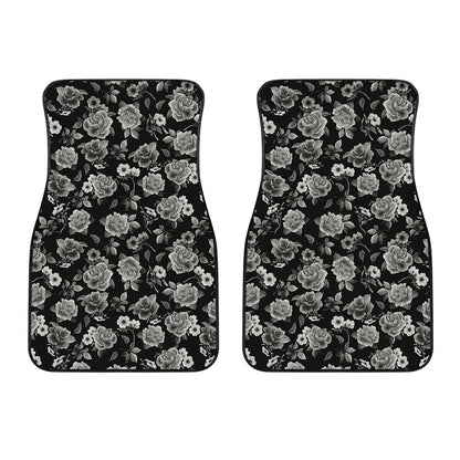 Monochrome Rose Floral Pattern Print Front Car Floor Mats