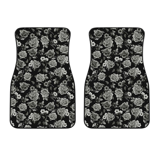 Monochrome Rose Floral Pattern Print Front Car Floor Mats