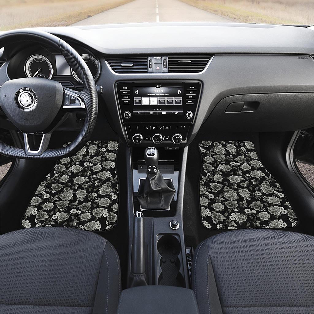 Monochrome Rose Floral Pattern Print Front Car Floor Mats