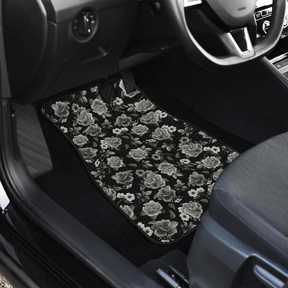 Monochrome Rose Floral Pattern Print Front Car Floor Mats