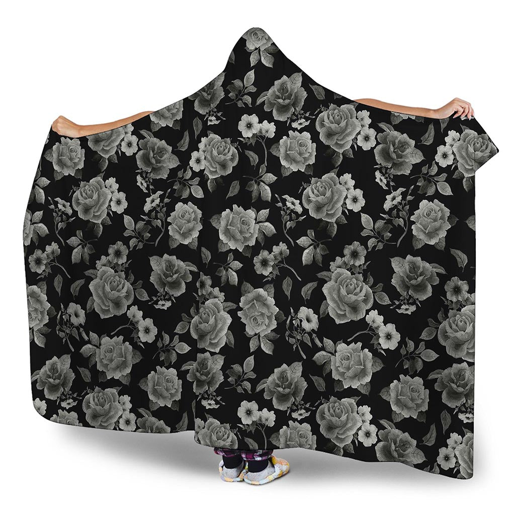 Monochrome Rose Floral Pattern Print Hooded Blanket