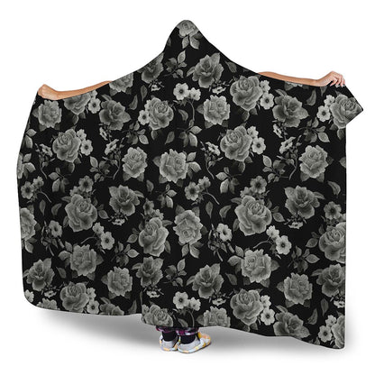 Monochrome Rose Floral Pattern Print Hooded Blanket