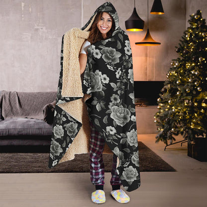 Monochrome Rose Floral Pattern Print Hooded Blanket