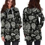 Monochrome Rose Floral Pattern Print Hoodie Dress GearFrost