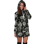 Monochrome Rose Floral Pattern Print Hoodie Dress GearFrost