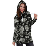 Monochrome Rose Floral Pattern Print Hoodie Dress GearFrost