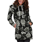 Monochrome Rose Floral Pattern Print Hoodie Dress GearFrost